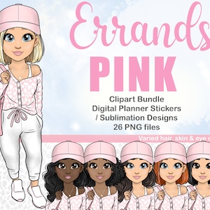Pink Errands Girl Clipart, pegatina del planificador de fin de semana, inserción de Goodnotes de clase de baile de ballet, chica de moda de traje blanco, archivo PNG del planificador digital
