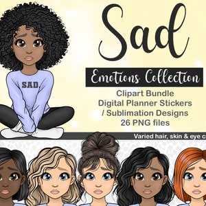 Imágenes prediseñadas de niña triste dibujada a mano, imágenes prediseñadas de sentimientos, imágenes PNG, archivos de tarjetas digitales, imágenes prediseñadas escolares, imágenes PNG de emociones, linda muñeca adhesiva para planificador