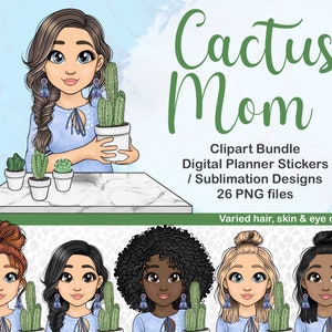 Cactus maman Clipart, plantes succulentes PNG, Plant Girl Planner Digital Stickers, mignon cactus autocollants imprimables, Afro Girl Clipart Bundle