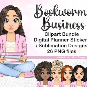 Cute Bookworm Clipart, Kawaii Reading Bookish Girl PNG, Library Chibi Printable Sticker, Digital Planner Doll, Book Tracker Sublimation