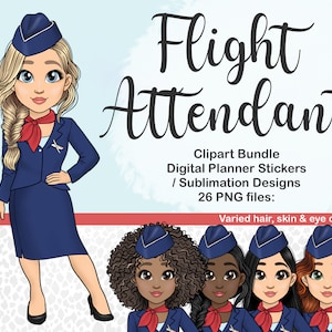Clipart de garota comissária de bordo fofa, mulher de avião aeromoça Kawaii PNG, ícone de planejador digital de senhora de viagem de avião, adesivo para impressão SVG
