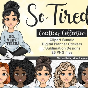 Clipart fille fatiguée dessinés à la main, clipart sentiments, tubercule png, Clipart pour les enseignants, émotions PNG, autocollant imprimable émotions, cartes sentiments