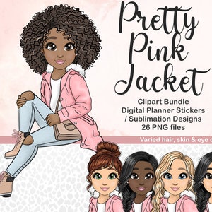 手描きのかわいいピンクのジャケットのファッションガールのクリップアート、秋のデジタルプランナーステッカー、秋の服装のちびPNG、秋の黒人の女の子のクリップアート