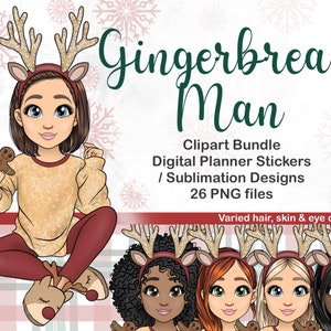 Hand drawn Cute Christmas Girl with Gingerbread Man Clipart, Kawaii Xmas Chibi Cookies PNG, Sweater Doll, Reindeer, Sublimation