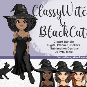 Clipart disegnata a mano, Ragazza strega affascinante e clipart di gatto nero, PNG di donna strega carina, adesivo digitale autunnale spettrale, file Cricut stampabile