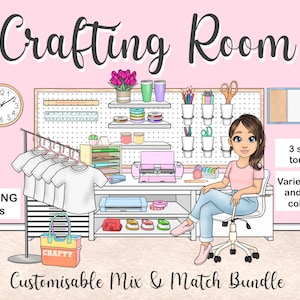 Paquete de imágenes prediseñadas personalizables para sala de elaboración, Craft Girl PNG, pegatinas imprimibles Crafty Lady Cricut, silueta de planificador Washi, arte de sublimación