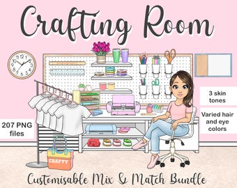 Crafting Room Customisable Clipart Bundle, Craft Girl PNG, Crafty Lady Cricut Printable Stickers, Washi Planner Silhouette, Sublimation Art