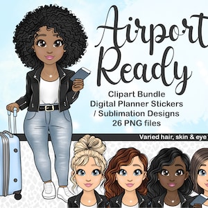 Voyage femme Clipart, Curvy Girl Clipart, Clipart voyage fille noire, voyage SVG, Denim Girl Clipart, Digital Planner Sticker Girls, Afro PNG