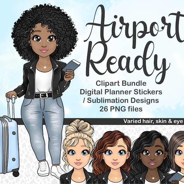 Travel Woman Clipart, Curvy Girl Clipart, Black Girl Travel Clipart, Travel SVG, Denim Girl Clipart, Digital Planner Sticker Girls, Afro PNG
