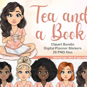 Clipart di ragazza che legge disegnata a mano, clipart di topo di biblioteca, clipart di tè, clipart di libro di tè accogliente, donna con tè png, libro kindle stampabile png