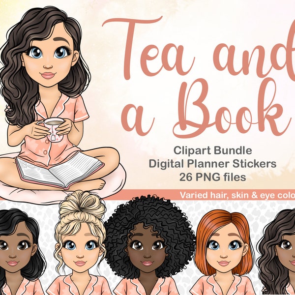 Girl Reading clipart, bookworm clipart, doll with tea clipart, cosy tea and book clipart, woman with tea png, activity book printable png