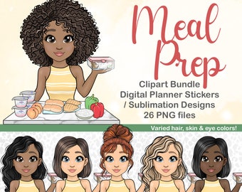 Meal Prep Mom Planner Clipart, Healthy Girl PNG, Fitness Clipart, Cute Fit Girl Printable Sticker, Meal Tracker Clipart, plr digital sticker