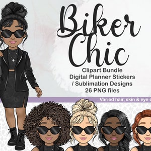 Giacca di pelle Fashion Girl Clipart, Donna glamour PNG, Biker Girl SVG, Black Outfit Planner Stickers, Afro Woman BuJo Printable Sticker