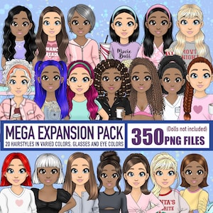 カスタマイズ可能なヘアスタイル クリップアート バンドル、ヘア デジタル プランナー PNG、オーバーレイ昇華カーリーヘア アート、パーソナライズされた女の子拡張パック