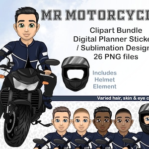 Man on a Motorcycle Clipart, Cute Guy on Motorbike PNG, Boyfriend Digital Planner Chibi Doll, Sublimation Designs for Cricut, Black Man PNG