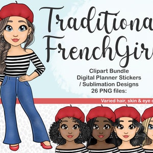 Clipart fille mode française traditionnelle dessiné à la main, France Paris Style femme imprimable autocollant, chibi Lady PNG, autocollant de planificateur numérique