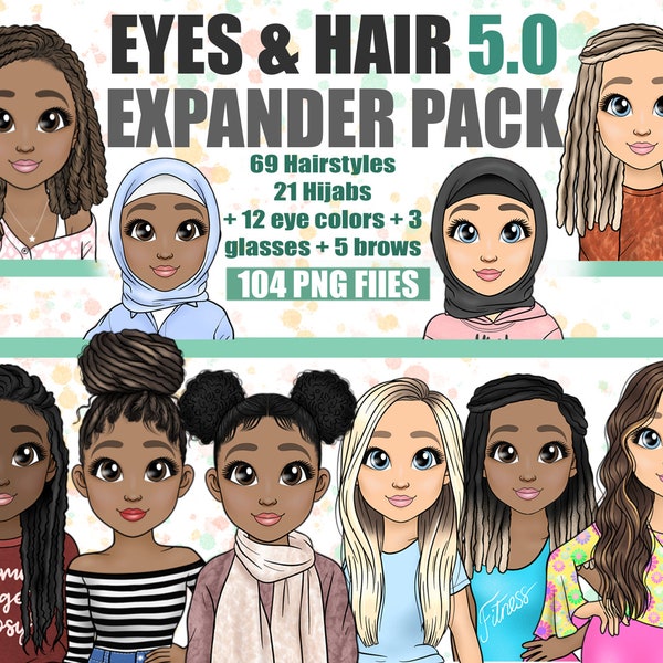 Customisable Hairstyle Clipart Bundle, African American Hair Locs PNG, Overlay Sublimation Hair Art, Dreadlocks and Hijab Girl Expander Pack