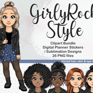 Veste en cuir Fashion Doll Clipart, Punk Rock Girl PNG, Biker Lady SVG, Bottes et jupe Planner Stickers, Afro Woman BuJo Printable Sticker