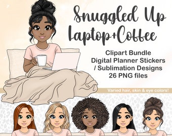 Kawaii Comfy Chibi with Coffee PNG, Cute Cosy Laptop Black Girl Clipart, Digital Planner Doll, Printable Sticker, Tumbler Sublimation Girl
