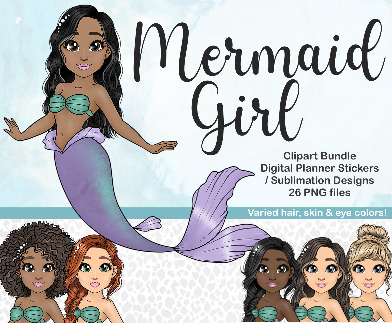 Cute Mermaid PNG, Black Girl Clipart, Kawaii Fantasy Chibi Sea Woman, Tumbler Sublimation Files, Ocean Storybook Character Princess SVG