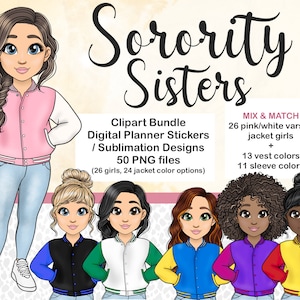Sorority Sisters Clipart, College Varsity Jacket Girls PNG, Muñecas de sublimación personalizables, Planificador digital Cuaderno Chibi Mujeres, Chica negra