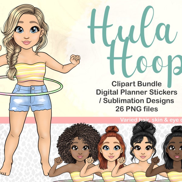 Hula Hoop Girl Clipart, Cute Summer Woman PNG Files, Beach Fitness Digital Planner Stickers, Afro Girl Clipart, Kawaii Exercise BuJo Sticker