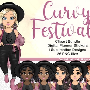 Festival Curvy Girl Clipart, Boho Frau PNG Goodnotes-Dateien, Kawaii Afro-Mode-Puppe Sublimation-Dateien, süße digitale Planner Sticker