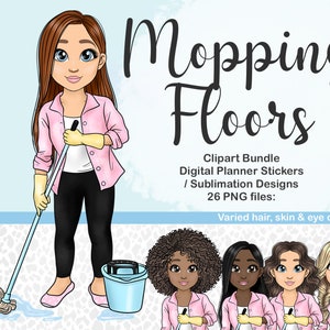 Dweilen vloeren meisje clipart, schattig huishoudelijk werk moeder PNG, schoonmaak digitale planner icoon, huis klusjes afdrukbare stickers, kawaii sublimatie bestand