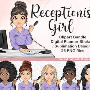 Réceptionniste Clipart, Femme d’entreprise PNG, Concierge Girl Digital Planner Doll, Réception Lady, Black Girl autocollant de sublimation imprimable