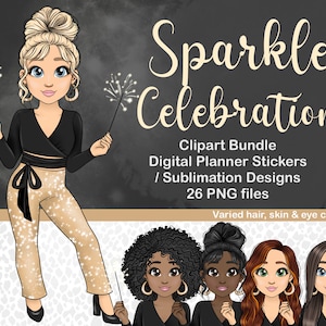 Viering meisje clipart met wonderkaarsen, glitter broek mode vrouw op NYE PNG, oudejaarsavond illustratie, sublimatiebestand voor Cricut SVG