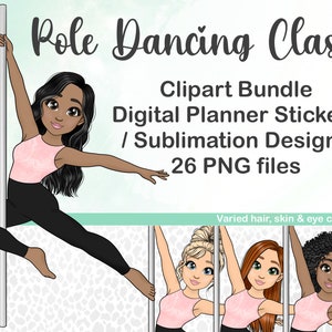 ポールダンスをする女の子のクリップアート、かわいいポールダンスクラスの女性 PNG、昇華ファイル、印刷可能なステッカー、黒人の女の子のクリップアート、プランナーグラフィック PNG