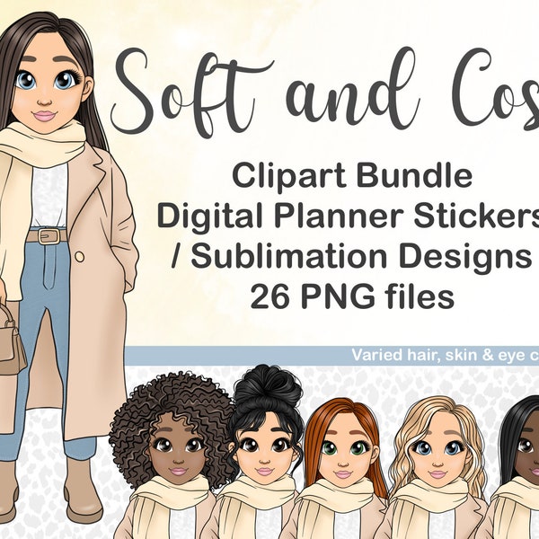 Winter Scarf Fashion Girl Clipart, Kawaii Chibi illustration PNG, Digital Planner Doll, Custom Boss Babe Sublimation, Black Girl Clipart