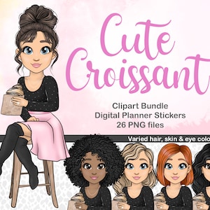 Süße Croissant French Girl Clipart / druckbare Aufkleber Paris / Gebäck Clipart / French Planner Doll PNG / druckbare Aufkleber Modepuppe