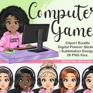 Computer Gaming Girl Clipart, Video Gamer Chibi Icon, Cute Twitch Games Avatar, Gamer Profielfoto Illustratie, Digitale Planner Sticker