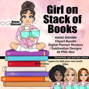 Menina sentada em uma pilha de livros Clipart, Kawaii Bookworm Book PNG, Adesivo de planejador digital Bookish personalizável, Sublimação de rastreador de leitura
