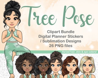 Yoga Girl Clipart, Tree Pose Printable Sticker, Pilates Goodnotes PNG, Selfcare Digital Planner Clipart, Meditation SVG, Exercise Doll PNG