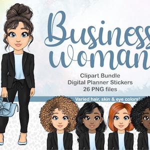 Blue Businesswoman Clipart | Cute Corporate Mom clipart Bundle | Office Woman Planner die-cut sticker | Secretary clipart | Afro Girl png