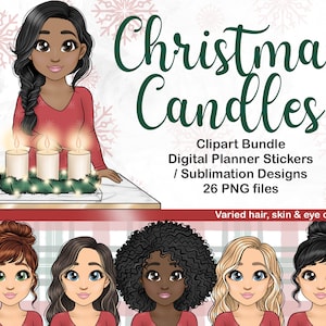 Christmas Candles Girl Clipart, Xmas Festive Woman Illustration PNG, Tumbler Sublimation Files, Hispanic Mom, Black Girl Clipart, Holly SVG