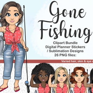 Clipart de menina de pesca, Lady Fisherman PNG, adesivo de planejador digital de atividades no lago de verão, arquivos de férias no rio, arte infantil divertida na praia