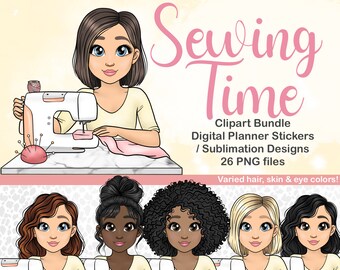 Sewing Girl Clipart, Embroidery Woman PNG, Jobs Girl Clipart, Cartoon Crafty Girl SVG, PLR Digital Sticker, Craft Woman Clipart Bundle