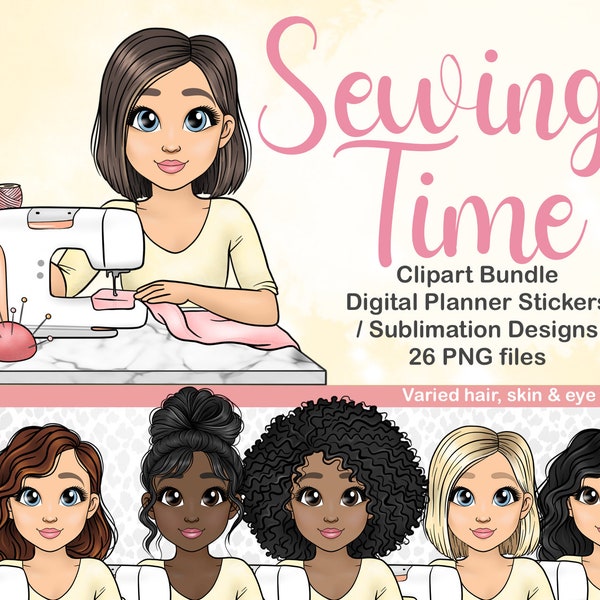 Sewing Girl Clipart, Embroidery Woman PNG, Jobs Girl Clipart, Cartoon Crafty Girl SVG, PLR Digital Sticker, Craft Woman Clipart Bundle