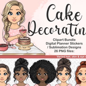 Cake Decorating Girl Clipart, Süße Gateaux Frau PNG, Dessert Baker Digital Planner Icon, Bäckerei Logo Lady SVG, Black Afro Lady Sublimation