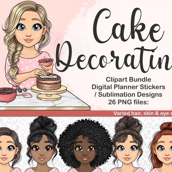 Cake Decorating Girl Clipart, Cute Gateaux Woman PNG, Dessert Baker Digital Planner Icon, Bakery Logo Lady SVG, Black Afro Lady Sublimation