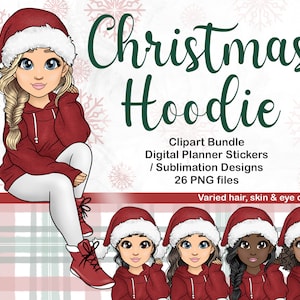 Lässige Weihnachten Clipart Mädchen, Santa Hut Puppe PNG, Kawaii Mode Frau im gemütlichen Hoodie, digitale Planner Aufkleber, Xmas Sublimation Dateien SVG