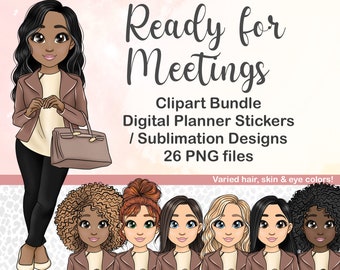 Femme d’affaires entrepreneure Meeting Clipart, poupée planificateur numérique Kawaii, fichier de sublimation Boss Babe, clipart de fille noire, autocollant Cricut