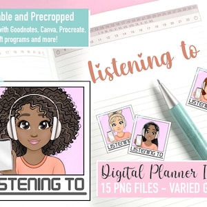 Écouter de la musique Podcast Mini Digital Planner PNG Icons, Audiobook Emoticon Girl PNG, Printable Planner Goodnotes Weekly Stickers