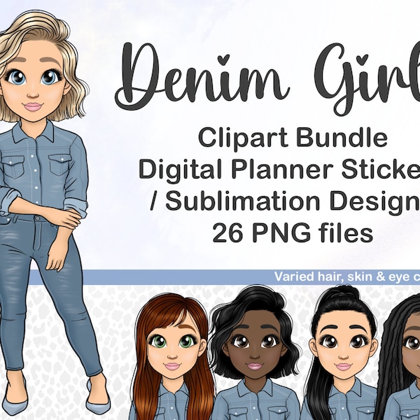 Denim Fashion Girl PNG, Black Girl Clipart, Kawaii Woman in Jeans, Chibi Printable Sticker, Tumbler Sublimation, Cute Digital Planner Doll