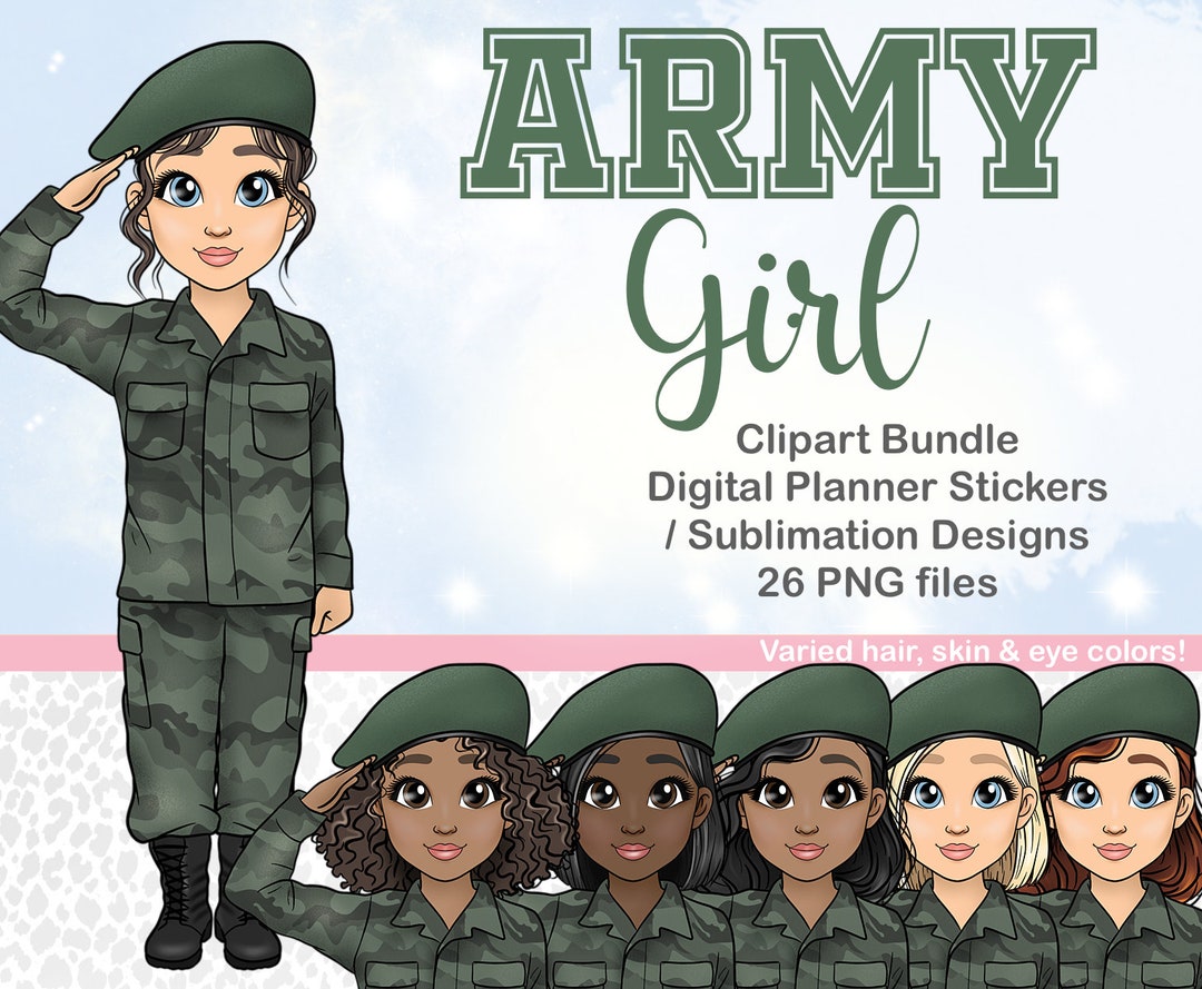 Camo Army Girl Clipart, Military Woman Planner Sticker, American Girl