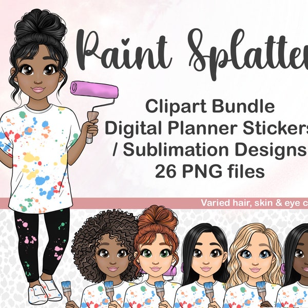 Cute Painting Girl Clipart, Kawaii Maler Künstler PNG, Haus Renovierung Mama Druckbare Sticker, Bastelige Sublimation Dateien, DIY Mädchen PNG