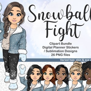 Sneeuwballengevecht clipart, sneeuw meisje PNG, winter digitale planner bundel, kawaii kerst printbare sticker, feestelijke Spaanse moeder illustratie